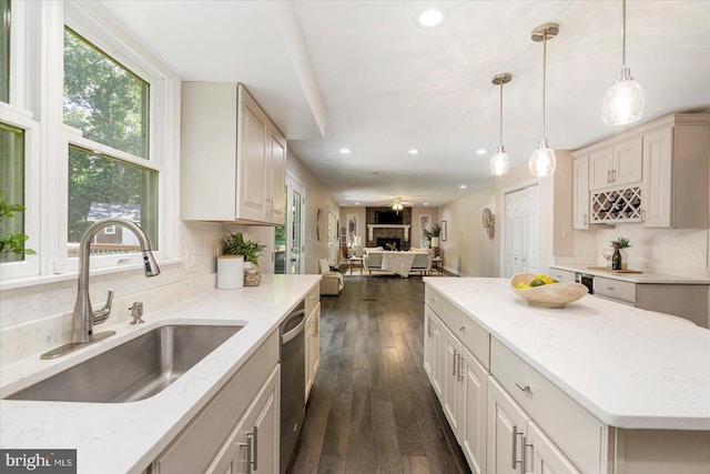 4 Brian Daniel Ct, Reisterstown, MD 21136 - kitchen featuring dishwasher, open floor plan, backsplash, recessed lighting, and dark wood-style floors