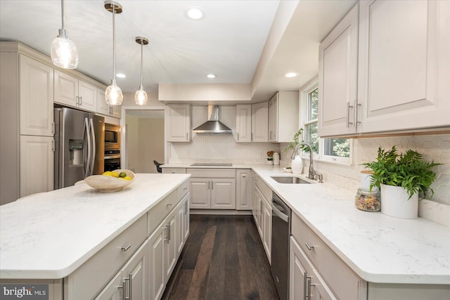 4 Brian Daniel Ct, Reisterstown, MD 21136 - kitchen featuring appliances with stainless steel finishes, dark wood-style flooring, wall chimney range hood, recessed lighting, and backsplash
