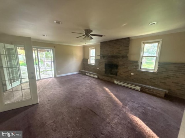 22 Trebing Ct, Willingboro, NJ 08046 - unfurnished living room with baseboard heating, ceiling fan, ornamental molding, and a brick fireplace