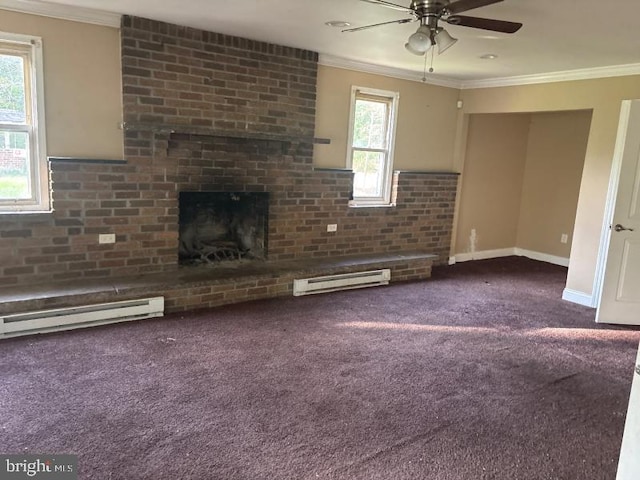 22 Trebing Ct, Willingboro, NJ 08046 - unfurnished living room featuring baseboard heating, crown molding, a ceiling fan, and dark carpet