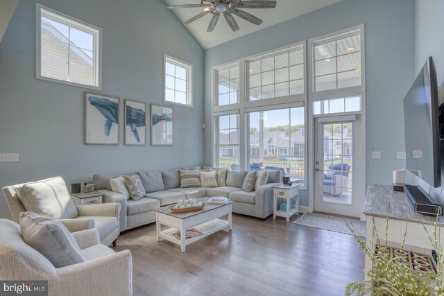 11520 Maull Rd Unit S-183, Lewes, DE 19958 - living room featuring high vaulted ceiling, ceiling fan, french doors, and wood finished floors