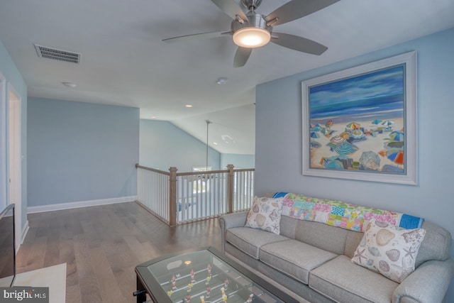 11520 Maull Rd Unit S-183, Lewes, DE 19958 - living room with visible vents, wood finished floors, lofted ceiling, baseboards, and ceiling fan