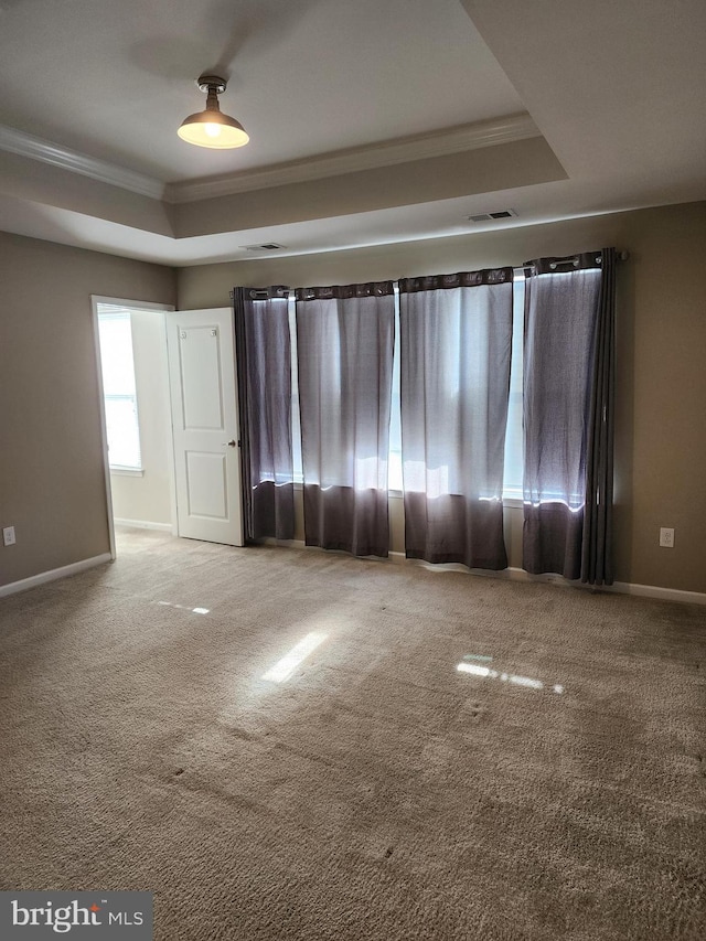 spare room featuring a tray ceiling, baseboards, visible vents, carpet, and crown molding
