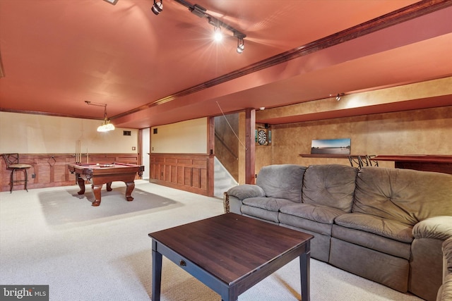 rec room featuring rail lighting, ornamental molding, carpet floors, and pool table