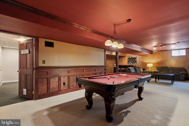 rec room with track lighting, carpet floors, pool table, a wainscoted wall, and visible vents