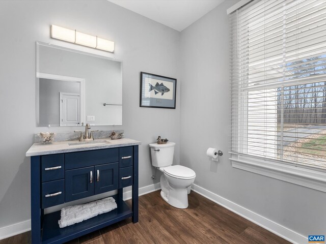 3185 Polecat Creek Ln, Scottsville, VA 24590 - bathroom with toilet, vanity, wood finished floors, and baseboards