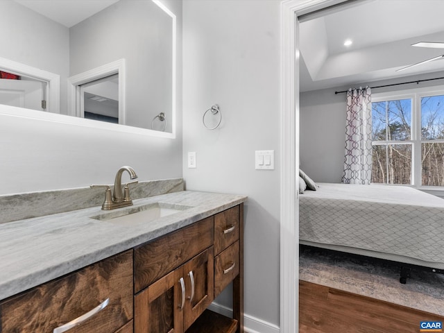 3185 Polecat Creek Ln, Scottsville, VA 24590 - bathroom with ensuite bath, vanity, wood finished floors, and baseboards