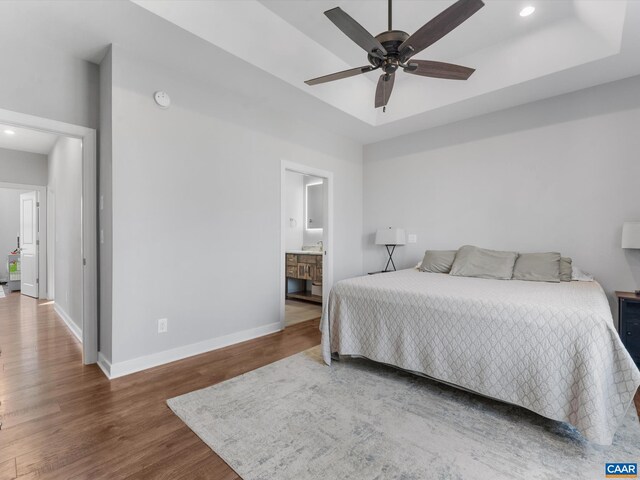 3185 Polecat Creek Ln, Scottsville, VA 24590 - bedroom with baseboards, recessed lighting, a ceiling fan, wood finished floors, and ensuite bath