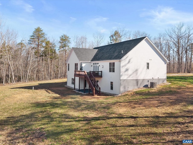 3185 Polecat Creek Ln, Scottsville, VA 24590 - exterior space with a lawn, a wooden deck, stairway, and central air condition unit