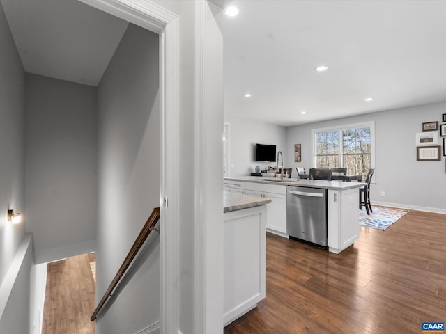 3185 Polecat Creek Ln, Scottsville, VA 24590 - kitchen featuring dishwasher, light countertops, white cabinets, dark wood-style flooring, and recessed lighting