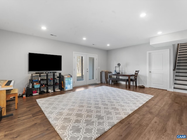 3185 Polecat Creek Ln, Scottsville, VA 24590 - living area featuring recessed lighting, dark wood finished floors, stairway, visible vents, and french doors