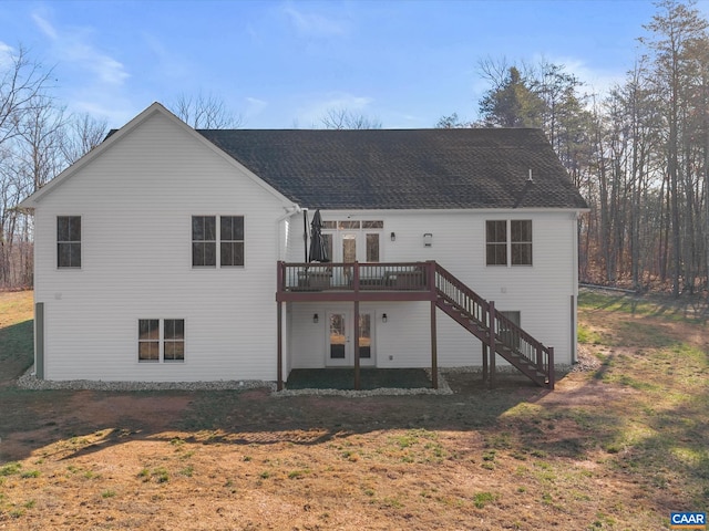 3185 Polecat Creek Ln, Scottsville, VA 24590 - back of property featuring stairway, a wooden deck, and a shingled roof