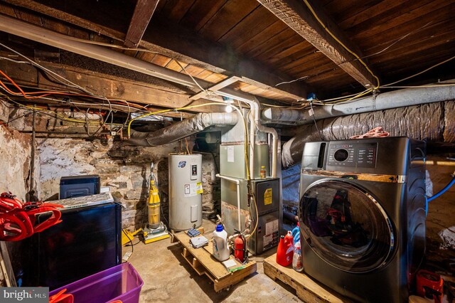 unfinished basement featuring washer / dryer, heating unit, and electric water heater