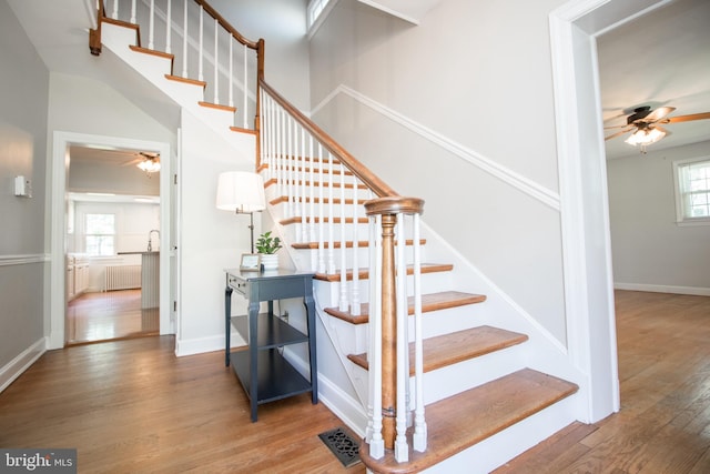 23075 Hollywood Rd, Leonardtown, MD 20650 - stairway with wood finished floors, a healthy amount of sunlight, ceiling fan, and radiator