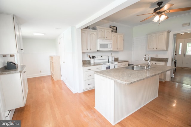 23075 Hollywood Rd, Leonardtown, MD 20650 - kitchen with white appliances, a sink, light wood-style floors, and ceiling fan
