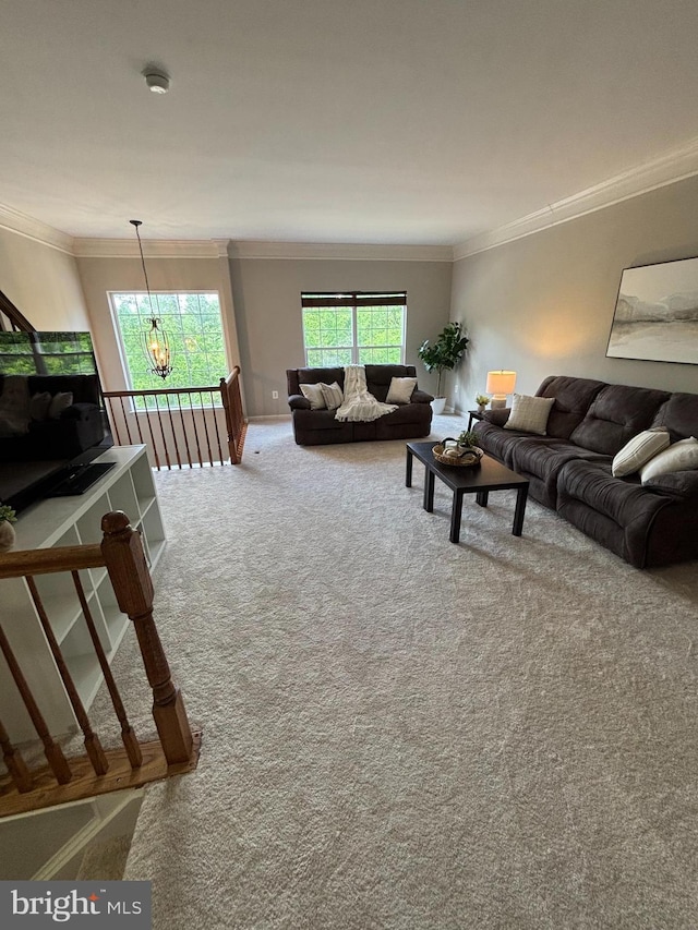 6733 Emmanuel Ct, Gainesville, VA 20155 - carpeted living room featuring crown molding, healthy amount of natural light, a chandelier, and baseboards