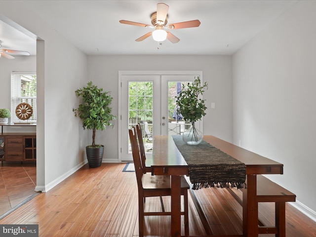 6558 Gildar St, Alexandria, VA 22310 - dining space with ceiling fan, french doors, light wood-style flooring, and baseboards
