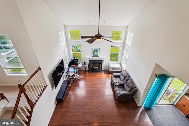 17365 Tedler Cir, Round Hill, VA 20141 - living area featuring a fireplace, plenty of natural light, wood finished floors, ceiling fan, and a high ceiling