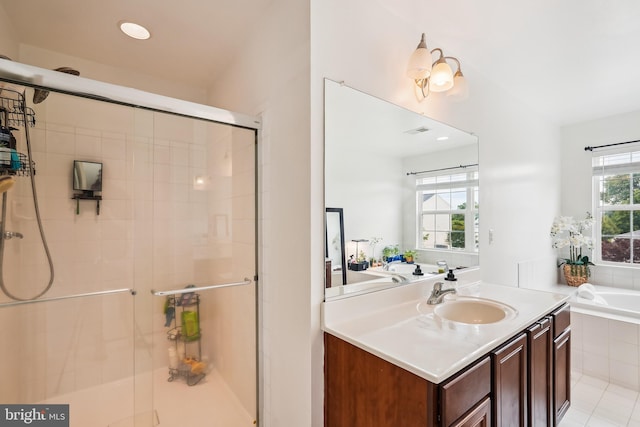 17365 Tedler Cir, Round Hill, VA 20141 - bathroom featuring a stall shower, a bath, vanity, and tile patterned flooring