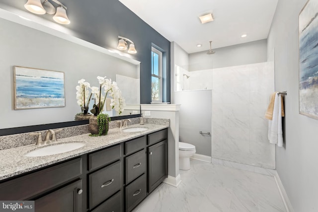 204 Baldy Ln Cayot, Unit Cayot, Middletown, DE 19709 - bathroom featuring double vanity, a walk in shower, toilet, and marble finish flooring