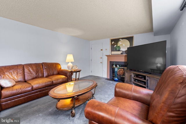 12916 New Hampshire Ave, Silver Spring, MD 20904 - carpeted living area with a fireplace with flush hearth and a textured ceiling
