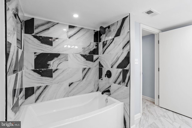full bath with recessed lighting, visible vents, marble finish floor, and shower / tub combination