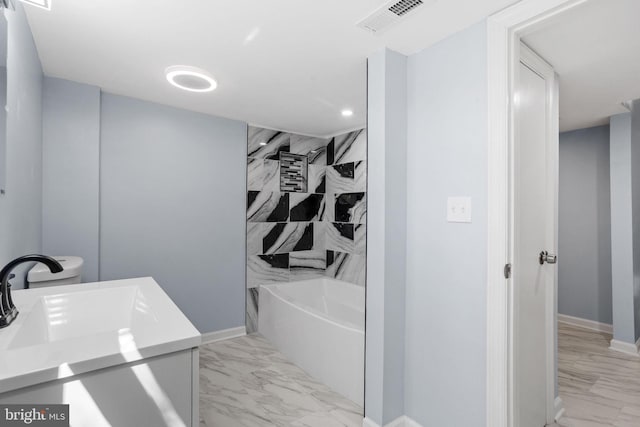 full bathroom featuring vanity,  shower combination, marble finish floor, baseboards, and visible vents