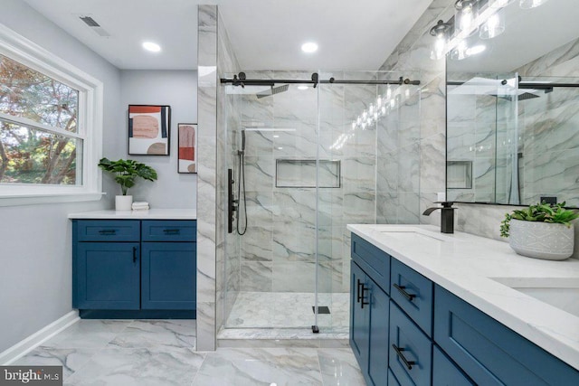 full bath featuring visible vents, marble finish floor, and a marble finish shower