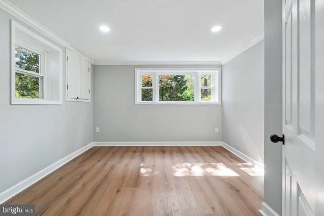 empty room featuring a healthy amount of sunlight, baseboards, and ornamental molding