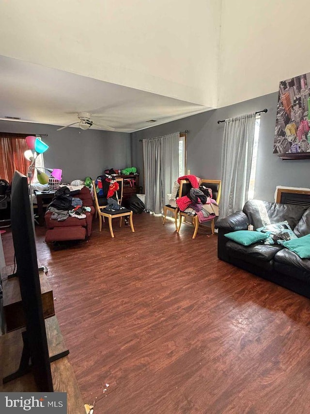 3301 Windermere Dr, Bushkill, PA 18324 - recreation room featuring wood finished floors, a towering ceiling, and ceiling fan