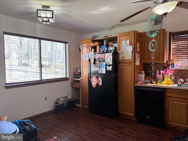 3301 Windermere Dr, Bushkill, PA 18324 - kitchen featuring dark wood finished floors, black appliances, brown cabinetry, and ceiling fan