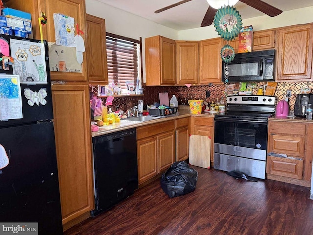 3301 Windermere Dr, Bushkill, PA 18324 - kitchen featuring a ceiling fan, a sink, black appliances, and tasteful backsplash