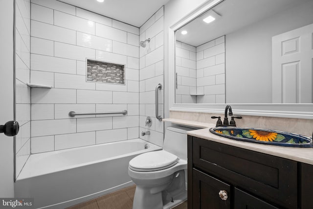 413 Bucktoe Rd, Avondale, PA 19311 - bathroom with vanity,  shower combination, toilet, wood finished floors, and recessed lighting