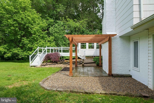 413 Bucktoe Rd, Avondale, PA 19311 - view of green lawn featuring stairs, a pergola, a wooden deck, and a patio area