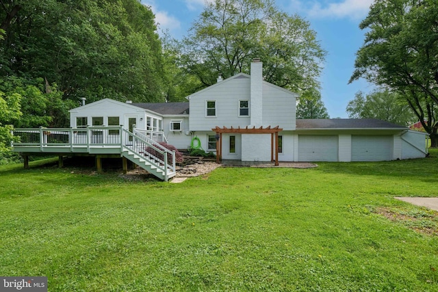413 Bucktoe Rd, Avondale, PA 19311 - back of house featuring a pergola, a deck, a lawn, a chimney, and a garage