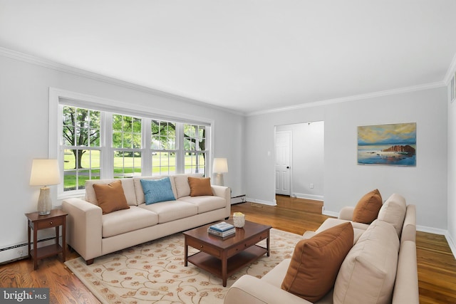 413 Bucktoe Rd, Avondale, PA 19311 - living area with ornamental molding, a baseboard radiator, wood finished floors, and baseboards