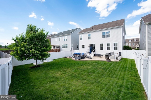 back of property featuring outdoor lounge area, entry steps, a patio, and a gate
