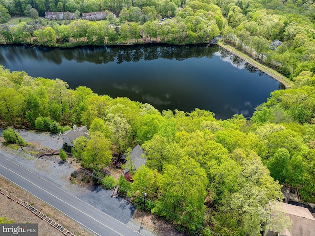 drone / aerial view of a heavily wooded area and a nearby body of water