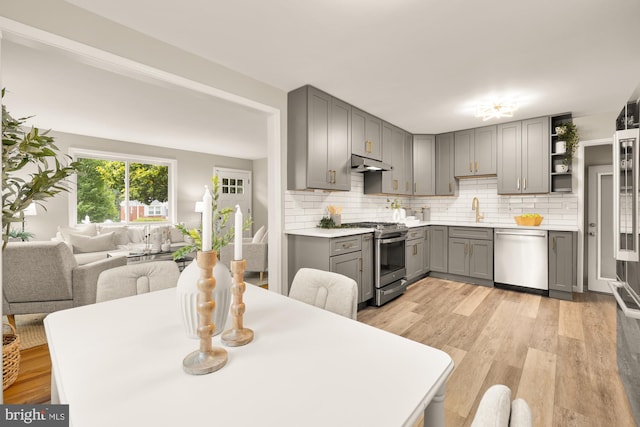 909 Snure Rd, Silver Spring, MD 20901 - kitchen with appliances with stainless steel finishes, gray cabinetry, under cabinet range hood, a sink, and light wood-type flooring