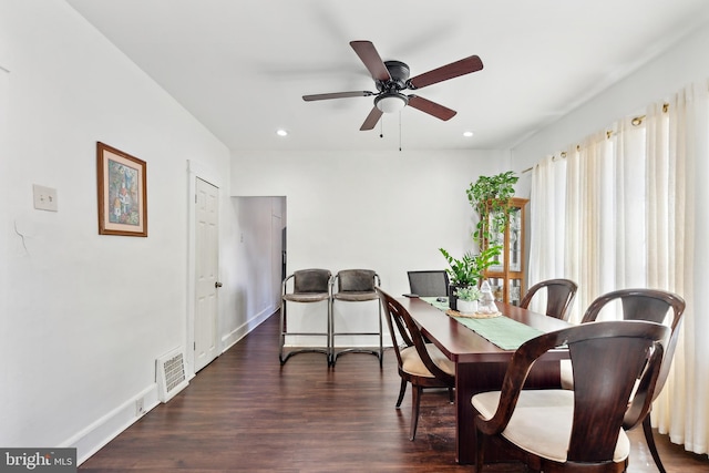 dining room with recessed lighting, ceiling fan, visible vents, baseboards, and wood finished floors