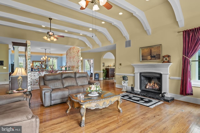 474 Gid Brown Hollow Rd, Washington, VA 22747 - living room featuring ceiling fan, recessed lighting, wood finished floors, a warm lit fireplace, and baseboards
