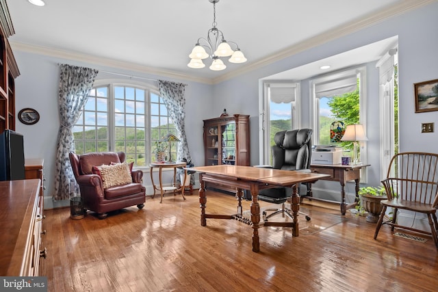474 Gid Brown Hollow Rd, Washington, VA 22747 - office area featuring a chandelier, wood finished floors, ornamental molding, and baseboards