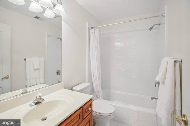 bathroom featuring visible vents, shower / bath combo with shower curtain, toilet, and vanity