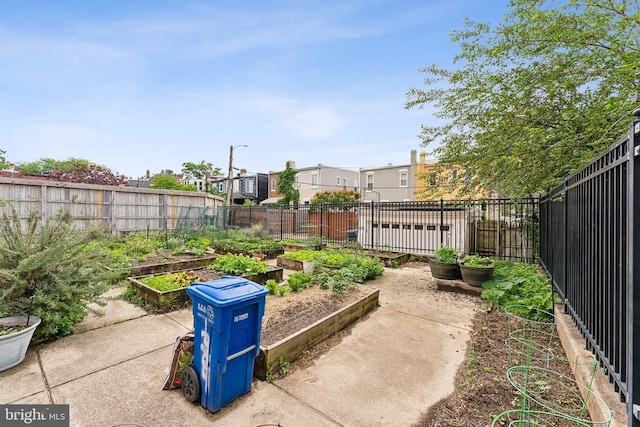 fenced backyard featuring a garden