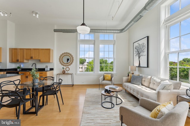 living area with a high ceiling, light wood-style floors, plenty of natural light, and attic access