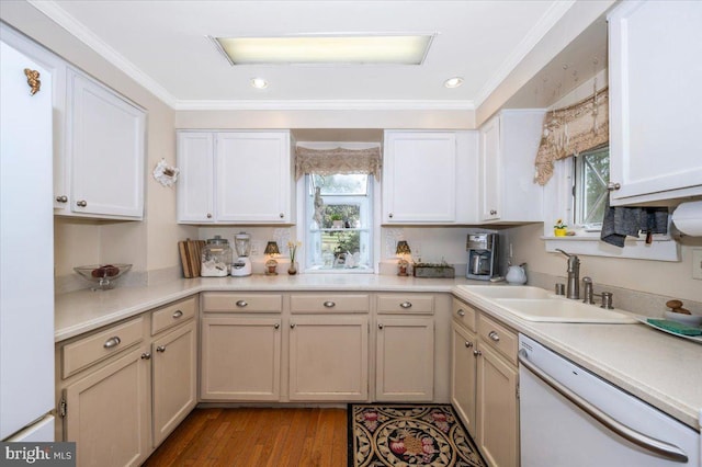 15539 Liberty Rd, Mount Airy, MD 21771 - kitchen with ornamental molding, a sink, white dishwasher, and a healthy amount of sunlight