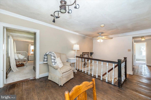 15539 Liberty Rd, Mount Airy, MD 21771 - sitting room with wood-type flooring, crown molding, an upstairs landing, and a ceiling fan