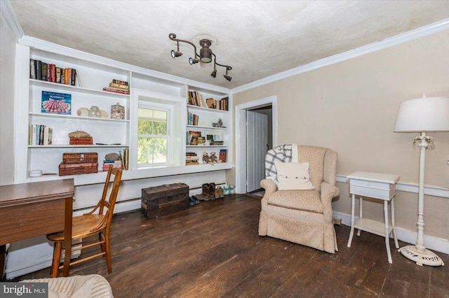 15539 Liberty Rd, Mount Airy, MD 21771 - living area with hardwood / wood-style flooring, crown molding, baseboard heating, built in study area, and built in features