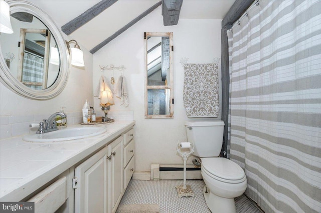 15539 Liberty Rd, Mount Airy, MD 21771 - full bathroom with a baseboard heating unit, vanity, vaulted ceiling with beams, tile patterned floors, and toilet