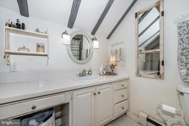 15539 Liberty Rd, Mount Airy, MD 21771 - full bath with toilet, vanity, lofted ceiling with beams, and a baseboard heating unit